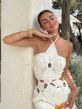 Cinessd Hollowed-Out Hook Flower Beach Dresses Sexy White Knitted Backless Halter Hanging Neck Petaling Strapless Women Short Slip Dress ootd outfit idea