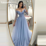 Cinessd Baby Blue A-line Evening Dress Long Sleeve Prom Dress Customized Sexy V-neck Party Dress Elegant Tulle Prom Gown 2025