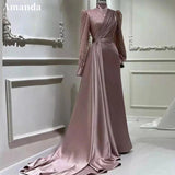 Cinessd Modest Long Sleeve pink Sequins Vestidos De Fiesta With Side Train Elegant A-line Porm Dresses 2025