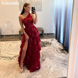 Cinessd Wine Red Prom Dresses Lace Sequins Evening Dress Sleeveless One Shoulder Customized Side Split Party vestidos de fiesta