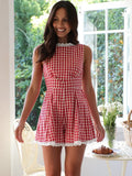 Cinessd Women O Neck Plaid Shirt Short Jumpsuit 2025 New Casual Street Sleeveless Lace Patchwork Shorts Suit Sweet Summer Chic Outfits