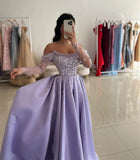 Cinessd Lavender Satin Off the Shouler vestidos de fiesta Lace Embroidery A-line ?????? ???? Elegant Floor-length Party Dresses