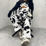 Cinessd Party Outfit Street Hip-hop Harajuku Girl Cow Print Oneies for Women Black White Plaid Overalls Casual Jumpsuit Trousers Baggy Pants