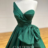 Cinessd Customized Green Bow Slanted Shoulders  A-line Taffeta vestidos de fiesta Floor-Length A-line Wedding Dress