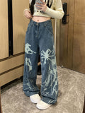 Cinessd Party Outfit Women's Graffiti Ink Splashing Design Blue Jeans High Waist Streetwear Cool Girl Vintage Trouser Female Casual Denim Pants