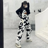 Cinessd Party Outfit Street Hip-hop Harajuku Girl Cow Print Oneies for Women Black White Plaid Overalls Casual Jumpsuit Trousers Baggy Pants