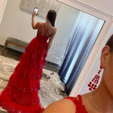 Cinessd Wine Red Prom Dresses Lace Sequins Evening Dress Sleeveless One Shoulder Customized Side Split Party vestidos de fiesta