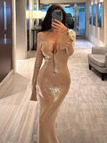 Cinessd Sequin Lace Up Backless Long Dresses Deep V Flash Sparkling Sexy Long Sleeve Temperament Leakback Champagne Women Evening Dress ootd outfit idea