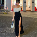 Cinessd Nye Ouyfit Candyhot Elegant Sexy Strapless Slit Bodycon Maxi Dress Fur Patchwork Skinny Slim Long Dresses Evening Clubwear Women Vestido