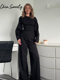 Cinessd Party Outfit Casual Solid Top Pants Women Set Fashion Long Sleeve O-neck Pleated Tops Wide Leg Trousers 2024 Autumn Vacation Lady Suit