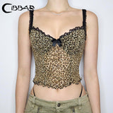 Cinessd Retro Leopard Print Camis Vintage 2000s Bow Stitched Sleeveless Lace Strap Crop Top Women Summer See Through Mesh Tee y2k ootd