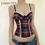 Cinessd IAMHOTTY Mixed Color Plaid Print Crop Top Y2K Aesthetic Contrast Lace Patchwork Corset French Style Sexy Camisole Cute Vest New ootd