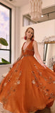 Cinessd BOHO Orange Chiffon Elegant Party Sleeveless V-neck Long Train Evening Dress Floor-Length Flowers vestidos de fiestas