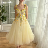 Cinessd Faint Yellow A-line Prom Dresses 3D Flower Lace Appliques Formal Occasion Knee-Length Elegant Sleeveless Valentines Day