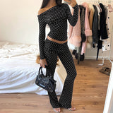 Cinessd  Casual Polka Dot Print Flared Pants y2k Streetwear Low Rise Slim-fitting Knitted Leggings Capris Korean Fashion Trousers ootd