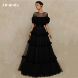 Cinessd Customized Black Multilaye Evening Dress Wave Point Prom Dress Sexy O-neck Party Dress Tulle A-line