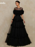 Cinessd Customized Black Multilaye Evening Dress Wave Point Prom Dress Sexy O-neck Party Dress Tulle A-line