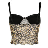 Cinessd Retro Leopard Print Camis Vintage 2000s Bow Stitched Sleeveless Lace Strap Crop Top Women Summer See Through Mesh Tee y2k ootd