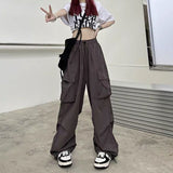 Cinessd Party Outfit Women Casual Baggy Cargo Pants Solid Low Waist Joggers Tech Pants Drawstring Wide Leg Baggy Trousers Y2K Streetwear Sweatpants