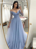 Cinessd Baby Blue A-line Evening Dress Long Sleeve Prom Dress Customized Sexy V-neck Party Dress Elegant Tulle Prom Gown 2025