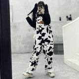 Cinessd Party Outfit Street Hip-hop Harajuku Girl Cow Print Oneies for Women Black White Plaid Overalls Casual Jumpsuit Trousers Baggy Pants