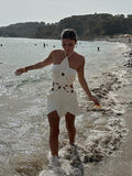 Cinessd Hollowed-Out Hook Flower Beach Dresses Sexy White Knitted Backless Halter Hanging Neck Petaling Strapless Women Short Slip Dress ootd outfit idea