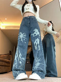 Cinessd Party Outfit Women's Graffiti Ink Splashing Design Blue Jeans High Waist Streetwear Cool Girl Vintage Trouser Female Casual Denim Pants