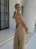 Cinessd Off Shoulder Hanging Neck Beach Long Dresses Strap Design Hollow Out Sexy Holiday Loose Fashion Tying Summer Women Maxi Dress ootd outfit idea