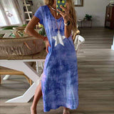 Cinessd - Fashion Women Tie-dye Long Maxi Loose Dress Ladies Short Sleeve V Neck Summer Holiday Party Beach Sundress