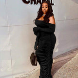 Cinessd - Fashion Women's Long Sleeve Bodycon Maxi Dress Secy Elegant Ladies Off Shoulder Evening Party Long Wrap Dress
