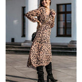 Cinessd - Fashion Women's Long Sleeve Leopard Print Long Shirt Dress Sexy Ladies V Neck Loose Party Wrap Shirt Maxi Dress