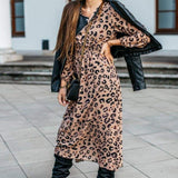 Cinessd - Fashion Women's Long Sleeve Leopard Print Long Shirt Dress Sexy Ladies V Neck Loose Party Wrap Shirt Maxi Dress