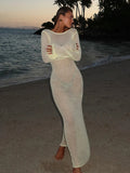 Cinessd Fashion hollow out Backless Knitted Maxi Dress For Women Long Sleeve See Through Beach Bikini Cover Female Elegant Vacation Robe