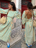 Cinessd Fashion Striped Print Backless Long Dress For Women Elegant O Neck Lantern Sleeve Midi Dresses 2024 Summer High Waist Beach Robe