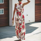 Cinessd - Halter Style Women Summer Floral Dress Casual Boho High Waist Long Maxi Holiday Party Sleeveless Loose Dress Clothes