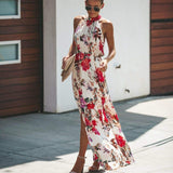 Cinessd - Halter Style Women Summer Floral Dress Casual Boho High Waist Long Maxi Holiday Party Sleeveless Loose Dress Clothes