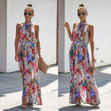 Cinessd - Halter Style Women Summer Floral Dress Casual Boho High Waist Long Maxi Holiday Party Sleeveless Loose Dress Clothes