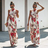 Cinessd - Halter Style Women Summer Floral Dress Casual Boho High Waist Long Maxi Holiday Party Sleeveless Loose Dress Clothes