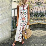 Cinessd - New Women Boho Floral Sleeveless Slit Fashion Ladies Long Holiday Casual Summer Print Beach Dress Sundress Hot