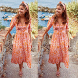 Cinessd - New Women Sweet Boho Floral Maxi Dress Summer Retro Short Sleeve Draped Bandage Dresses Lady Party Beach Sundress Vestidos