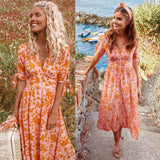 Cinessd - New Women Sweet Boho Floral Maxi Dress Summer Retro Short Sleeve Draped Bandage Dresses Lady Party Beach Sundress Vestidos