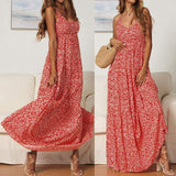 Cinessd - Summer Women's Bohemian Floral Sling V-neck Dress Fashion Ladies Sleeveless Holiday Maxi Dress Sundress