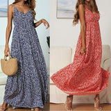 Cinessd - Summer Women's Bohemian Floral Sling V-neck Dress Fashion Ladies Sleeveless Holiday Maxi Dress Sundress