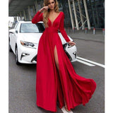 Cinessd - Women Autumn Long Sleeve Maxi Dress Elegant Split Formal Evening Party Dress Fashion V neck Women vestidos