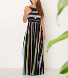 Cinessd - Women Ladies Boho Stripe Bodycon Sleeveless Maxi Dress Pocket High Waist Summer Beach Dress Sundress New