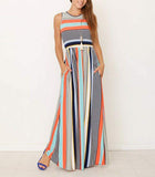 Cinessd - Women Ladies Boho Stripe Bodycon Sleeveless Maxi Dress Pocket High Waist Summer Beach Dress Sundress New