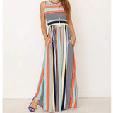 Cinessd - Women Ladies Boho Stripe Bodycon Sleeveless Maxi Dress Pocket High Waist Summer Beach Dress Sundress New