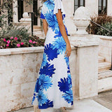 Cinessd - Women Ladies Summer Boho Floral Maxi Dress Casual High Waist Short Sleeve O-Neck Party Holiday Beach Dress Sundress