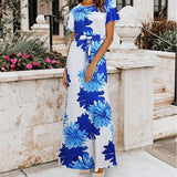 Cinessd - Women Ladies Summer Boho Floral Maxi Dress Casual High Waist Short Sleeve O-Neck Party Holiday Beach Dress Sundress