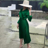 Cinessd - Women Long Sleeve Wrap Boho V-neck Pleated Maxi Dress Office Ladies Summer Sundress Holiday Daily Workout Clothes